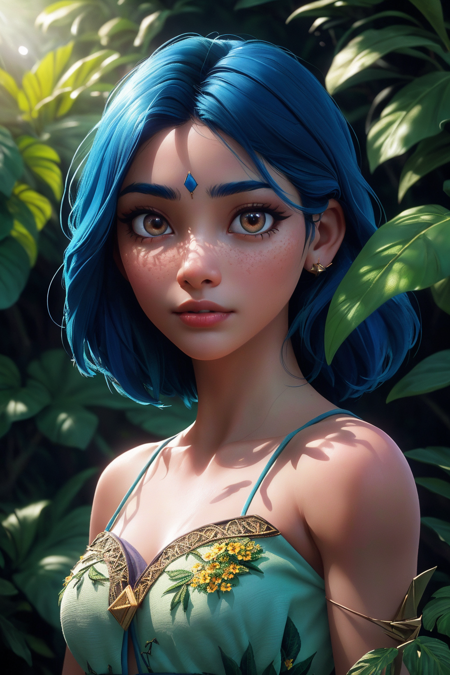 26072118-3889919804-fashion photography portrait of indian girl with blue hair, in lush jungle with flowers, 3d render, cgi, symetrical, octane rend.png